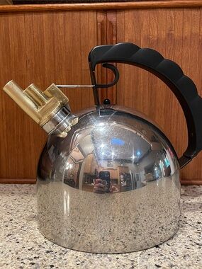 Alessi Vintage Teapot Kettle INOX 18/10 Copper Bottom, Dual Whistle, Italy